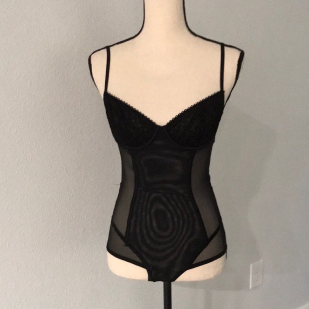 VICTORIAS SECRET Tulle and Lace Black Bodysuit | 34C